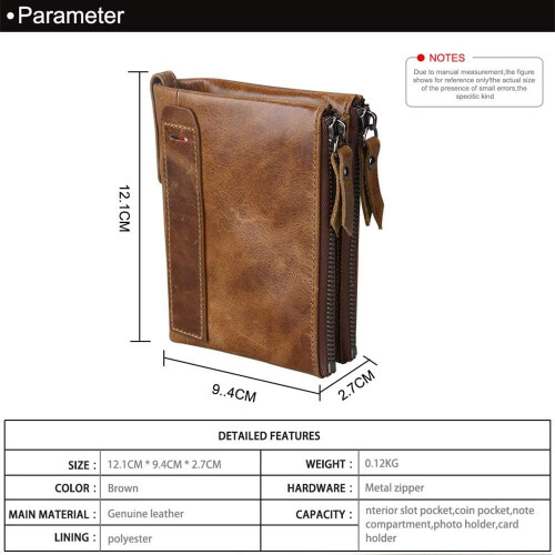 Men's Folding Double Zip Wallet RFID Blocks Retro Short Coin Purse 2