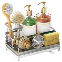 Stainless Steel Sink Sponge Caddy with Detachable Brush Holder, Adjustable Water Outlet, Drain Tray & Dual Storage