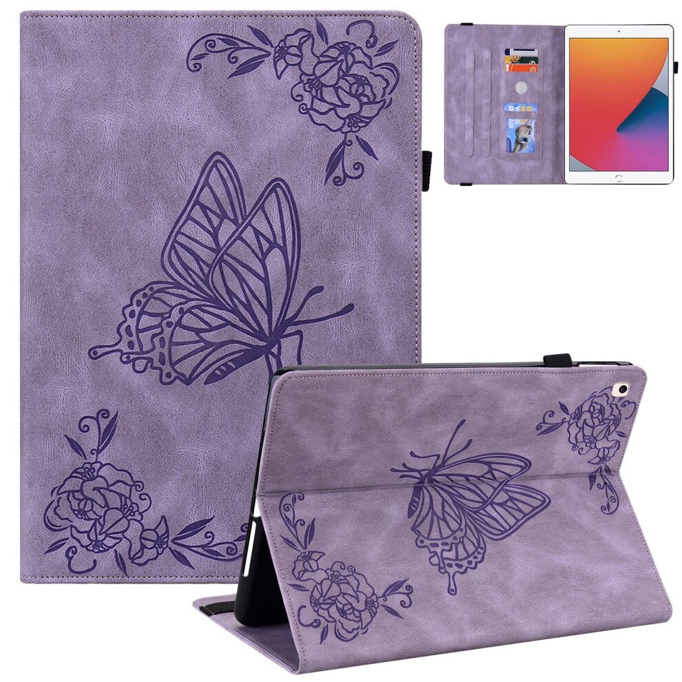 Slim Case For Ipad 10.2" (2021/2020/2019) – Butterfly Embossed, Shock Absorption, Kickstand, Pencil Holder, Auto Sleep/Wake, Compatible With Purple 9341593722070