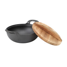 20cm Cast‑Iron Wok with Dual Handles, Wooden Lid & Flat Base – Uncoated, Durable, Authentic Asian Stir‑Fry & Steam Pan