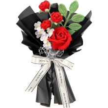 Crochet Flower Bouquet – Preserved Flowers with Packaging, for Graduation, Anniversary, Birthday, Mother's Day, Wedding Decor (Black & Red)