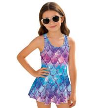 Blue and Purple Merimaid Scale Print Girls Swimsuits Size 5-6 Polyester and Spandex Bathing Suit Skirted One Piece Beach Swimming Suit
