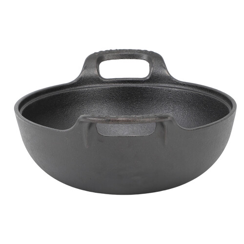 Cast-Iron Wok 25 cm with Dual Handles Wooden Lid Flat Base 1