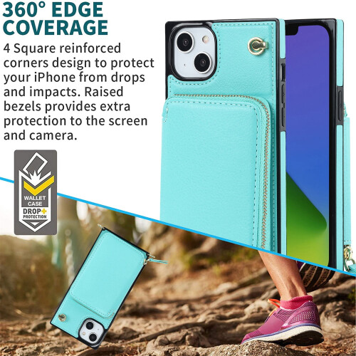 RFID Blocking Wallet Case for iPhone 14 Green PU Leather 1