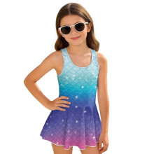 Swimsuit One Piece for Kids Modest Beach Swim Dress Size 8-9 Polyester and Spandex Swimwear Summer Beach Vacation, Blue Merimaid Scales