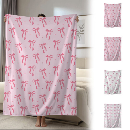 Pink Bow Throw Blanket Coquette Flannel 27x39 inch