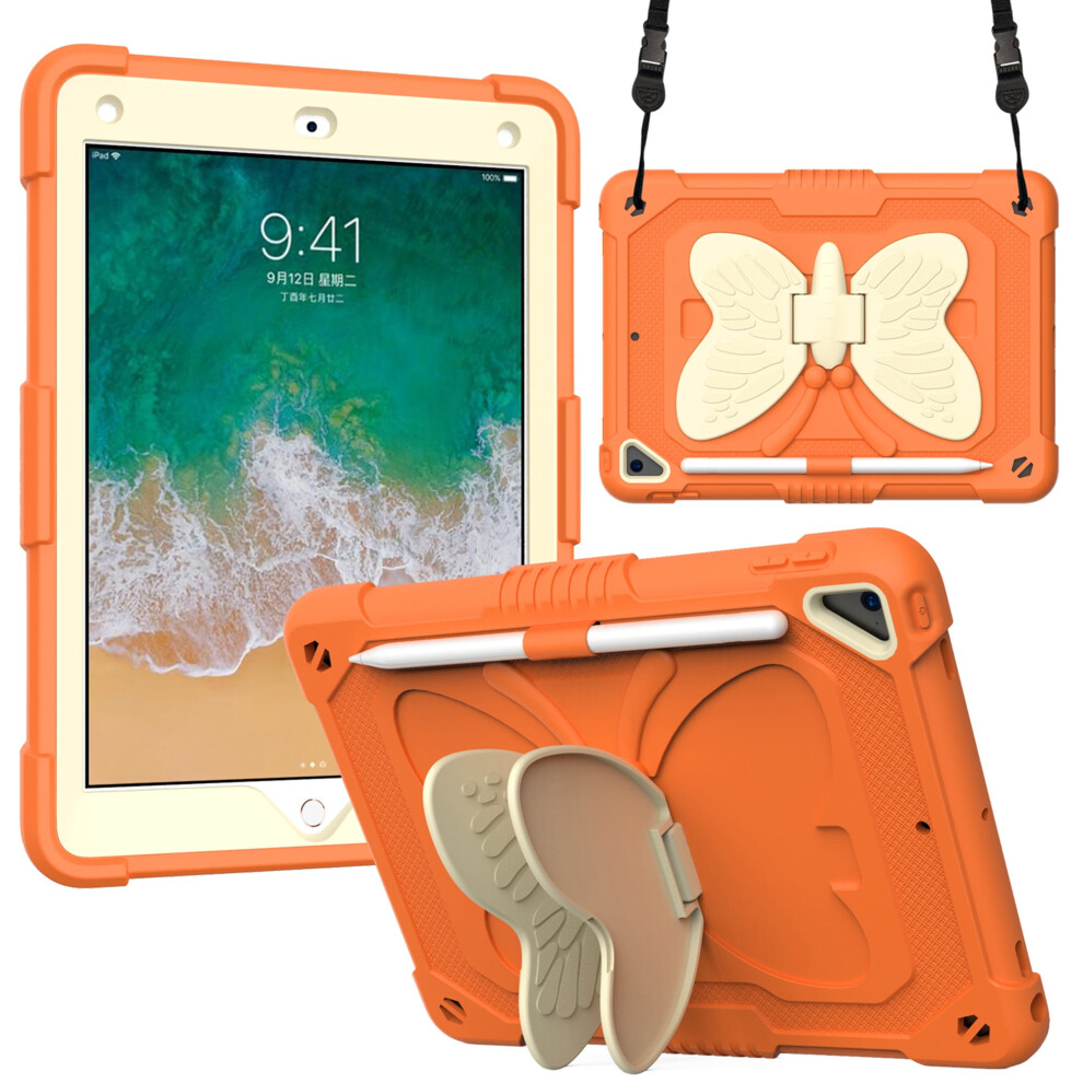 Ipad 6Th/5Th Gen Case With Kickstand, Pencil Holder & Butterfly Wings Â Rugged Protective Cover For 9.7" Ipad (Air 2 Compatible), Orange + Beige Orange,Cream 9341593724661