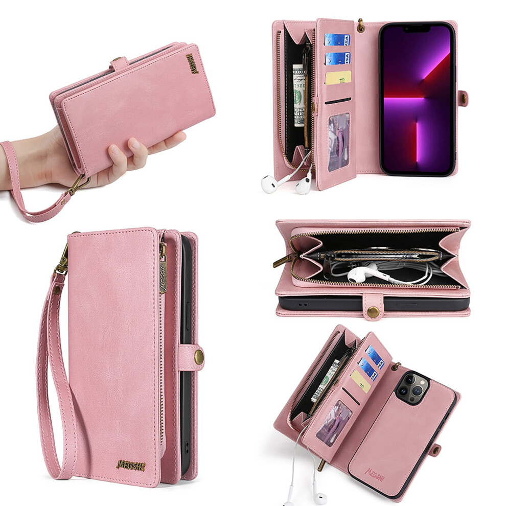 Allytech Wallet Case For Iphone 15 Â Detachable Back, Card Slots, Zipper, Stand & Hand Strap Â Pink 9405492495982