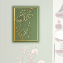 Tableau mural vintage en métal noir et or, 40 x 28 cm, représentant une femme au trait unique. Illustration moderne et abstraite.
