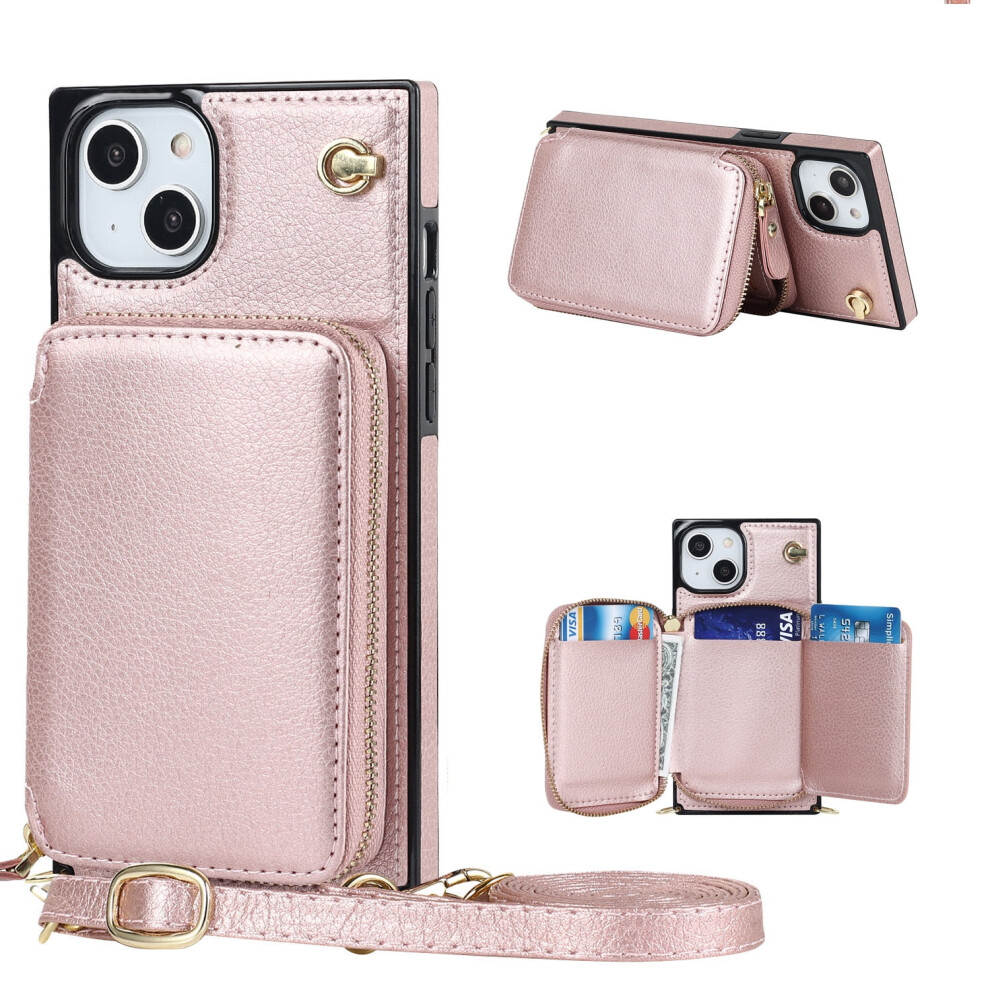 Rfid Blocking Wallet Case For Iphone 14 (6.1", 5G), Pu Leather Zipper Purse With Crossbody Strap & Card Slots – Rose Gold 9405492499225