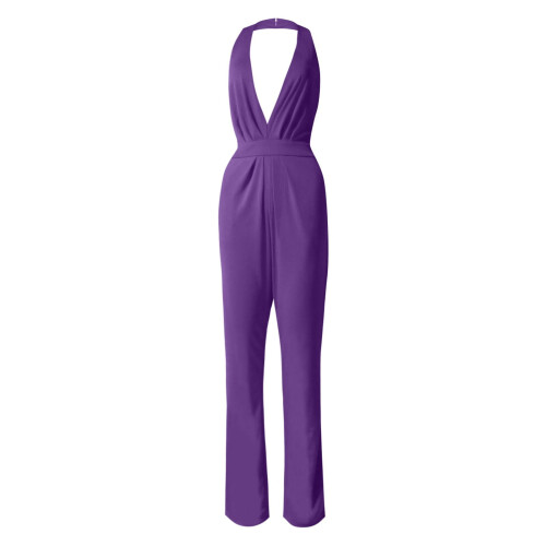 Macacão feminino de cor sólida, calça reta, design simples e requintado (roxo, XXL)