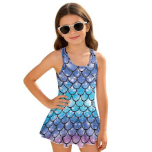 Girls' Modest One-Piece Swimsuit Size 5-6, Blue Mermaid Scale Swim Dress, Polyester/Spandex, Beach Vacation Ready
