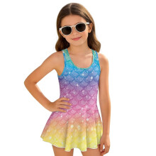 Sparkle Merimaid Scale Little Girls Swimsuits One Piece Modest Beach Swim Dress with Skirt Bathing Suits Summer Beach, Size 5-6
