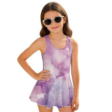 Little Girls One Piece Swimsuits Size 10-11 Sleeveless Bathing Suit Skirted 1-Piece Beach Swimwear Pool Party, Purple Marble Print