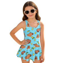 Girls Swimsuit One Piece Cute Capybara Swim Sleeveless Bathing Suit Skirted Modest Beach Swim Dress Pool Party Size 10-11