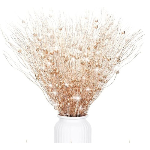 Artificial Glitter Berry Stems Champagne Gold 12 Pcs