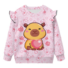 Toddler Sweatshirt Girls Ruffle Sleeve Pink Heart Capybara Sweatshirts Long Sleeve Shirts Crewneck Pullover Tops for Playtime & Outings (4T-5Y)