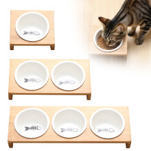 Upphöjda kattskålar med stativ Keramiska skålar för innekatter Snygg trämatare Ergonomisk upphöjd mat- och vattenskål
