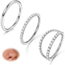 3pcs 16G/18G/20G Nose Rings, 316L Surgical Steel Hoops w/ CZ, for Septum, Helix, Tragus & More – 8mm/10mm, Compatible with Standard Piercings
