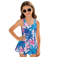 Kids Swimsuits for Girls Blue and Pink Palm Tree 1-Piece Beach Swim Dress Sleeveless Bathing Suits Pool Party, Size 10-11