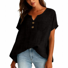 Chemise oversize à manches longues en lin et coton pour femme, haut en gaze, poignets retroussables, noire, taille 5XL