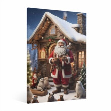 Vintage Santa & Forest Animals Wall Art – Festive Christmas Canvas Print for Living Room, Kitchen, Bedroom – Compatible with Xmas Decor
