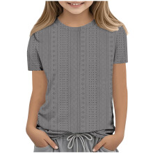 SYMOID Breathable Girls' Short Sleeve Shirts - Solid Color Crew Neck Tops for Daily Wear,Gray,Size 5-6 T