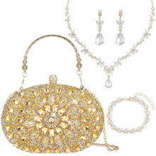 4 Pcs Purse Rhinestone Jewelry Set Evening Clutch Bag Bling Crystal Necklace Dangle Earrings Bracelets Accessories