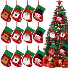 12 Pcs Mini 7" Felt Christmas Stockings (Snowman, Polar Bear, Santa, Reindeer) – Green/Red with Snowflakes, for Tree, Fireplace, Pets, Party Favors