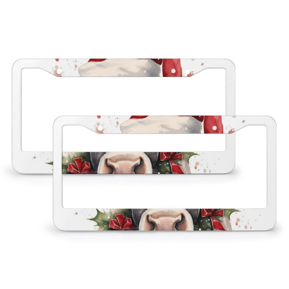 Funny Cow In Christmas Hat License Plate Frame, 2Pcs, Aluminum, Compatible With Us Vehicles 9097180919131