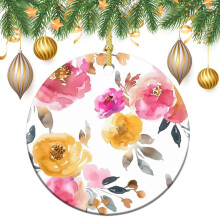 Yellow & Pink Floral Ceramic Christmas Ornament