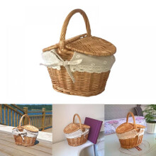 Wicker Picnic Baskets Handmade Woven Rattan Picnic Basket Food Storage Container Organizer Shopping Storage Hamper with Handle and Double Lids