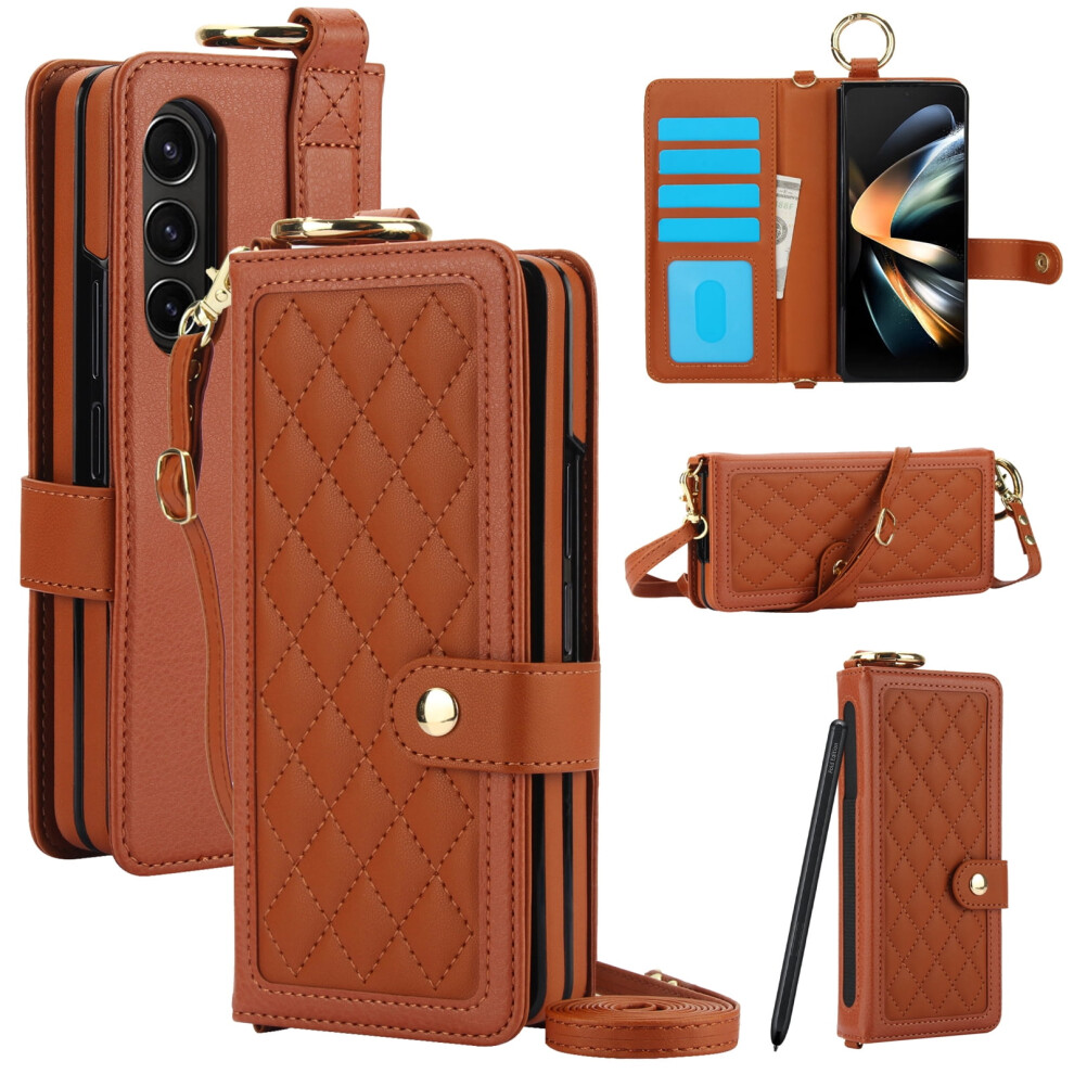 Samsung Galaxy Z Fold 6 Wallet Case With S Pen Holder, Crossbody Lanyard & Wrist Strip Â Shockproof Protective Cover, Brown 9097180919100