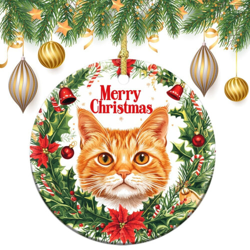 Orange Cat Ceramic Christmas Ornament 3 inch