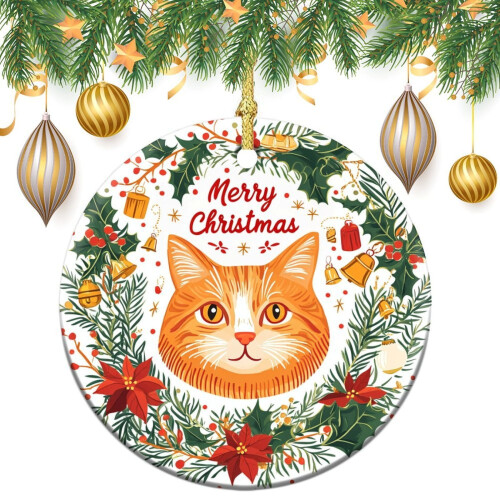 Orange Cat Ceramic Christmas Ornament 3" Double-Sided