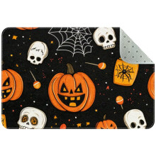 Washable Halloween Kitchen Rug – Pumpkins, Spider Web, Skulls Design, Non-Slip Indoor Door Mat for Entryway, Bathroom, Bedroom