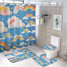Rainbows & Clouds 4-Pc Shower Curtain Set with Rugs – Waterproof, Durable Bathtub Decor