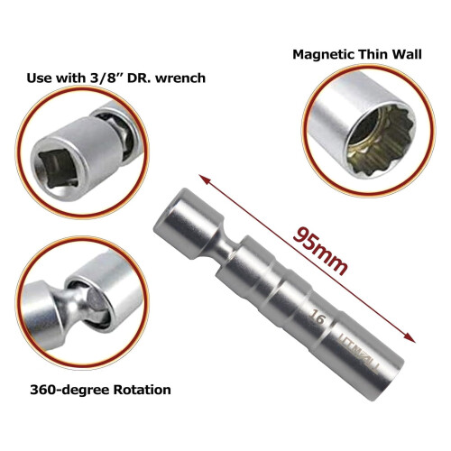 16mm Magnetic Thin Wall Universal Joint Spark Plug Socket Removal Tool 12pt 95mm Length 1