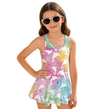 Girls One Piece Swimsuits Sleeveless Size 6-7 Polyester and Spandex Bathing Suits Back Strap Swim Dress Summer Beach, Colorful Dolphin
