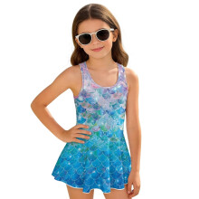 Blue Mermaid Scale Kids Swimsuit for Girls, One-Piece Polyester/Spandex Beach Swim Dress, Size 10-11