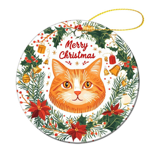 Orange Cat Ceramic Christmas Ornament 3" Double-Sided 2