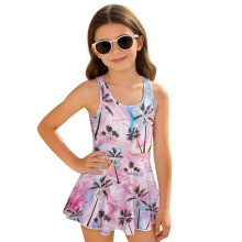 Kids One Piece Swimsuit Girls, Pink Palm Tree Marble Print Size 8-9 Modest Beach Swimming Suit for Girls Back Strap Beach Swim Dress, Pink Palm Tree