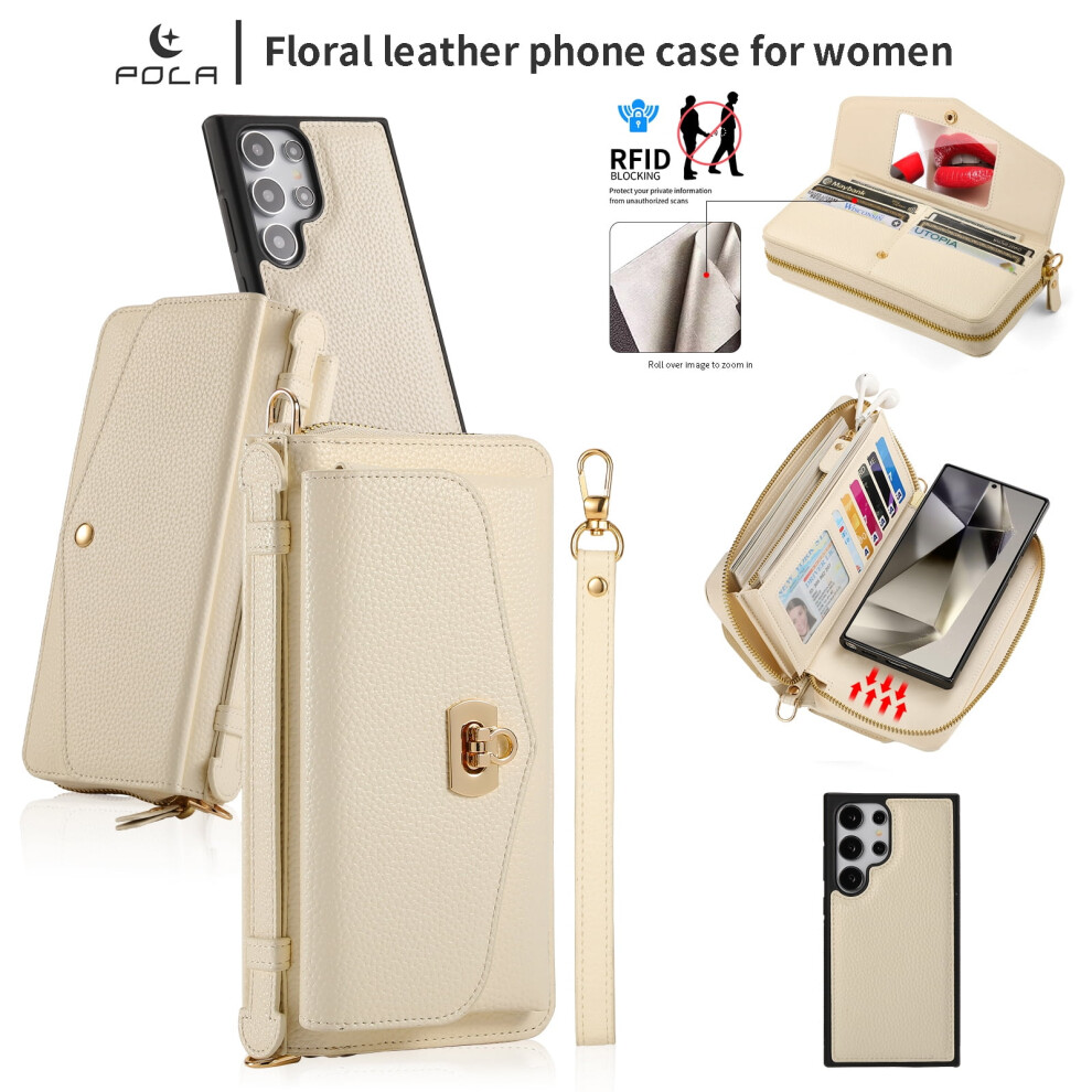 Allytech Wallet Case For Samsung Galaxy S24 Â Rfid Blocking, Makeup Mirror, Card Slots, Zipper Pocket, Magnetic Pu Leather, Beige Cream 9405492501232