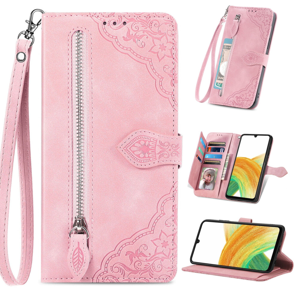 Iphone 16 Case Â Embossed Pu Leather Flip Cover With Card Slots, Zipper Pocket, Kickstand, Wrist Strap & Magnetic Closure Â Pink 9405492500792