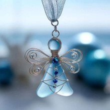 Handmade Sea Glass Angel Ornament, Wire Wrapped, Blue, Unique Beach Hanging Decor with Rope – Compatible with Christmas Tree