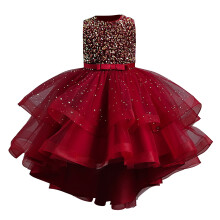Girls' Red Sequin Puffy Yarn Princess Dress for Piano Performance, Birthday & Back to School – Compatible with Kids Sizes
