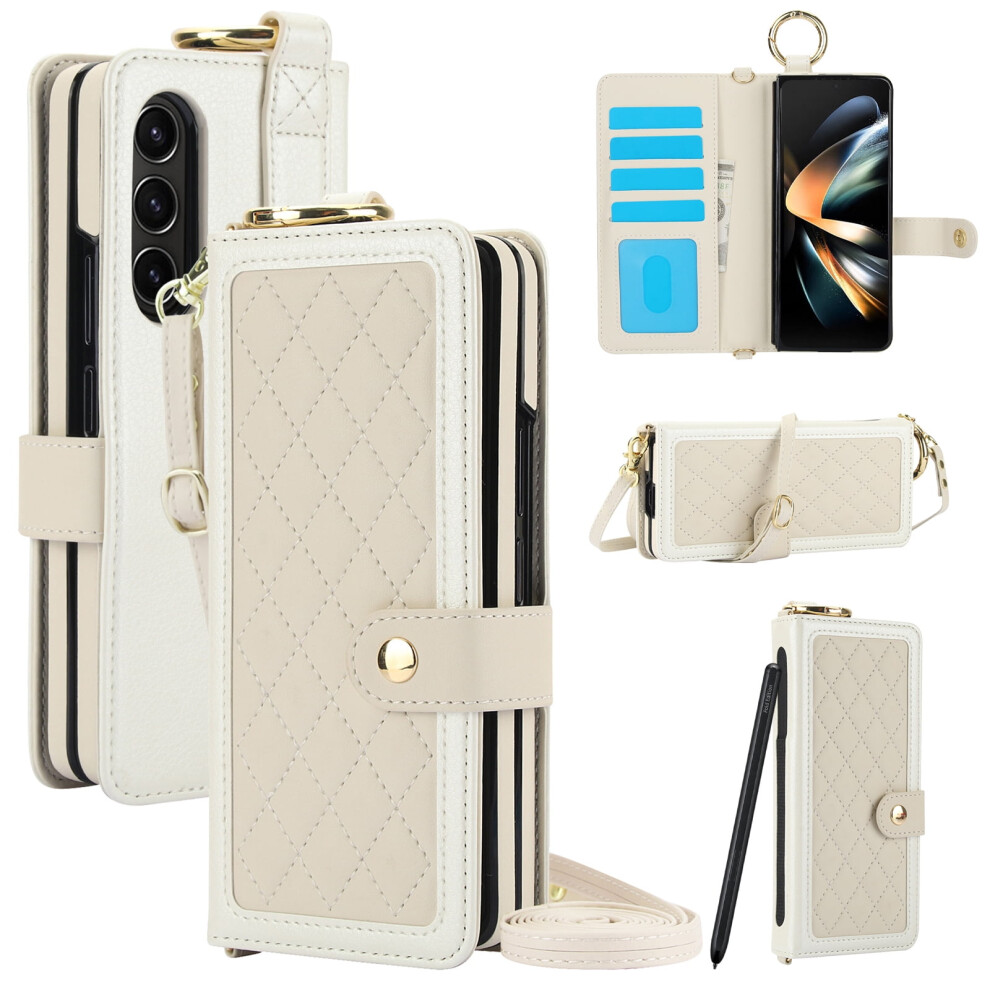 Samsung Galaxy Z Fold 6 Wallet Case With S Pen Holder, Crossbody Lanyard & Wrist Strip Â Shockproof Protective Cover, Beige Cream 9097180920298