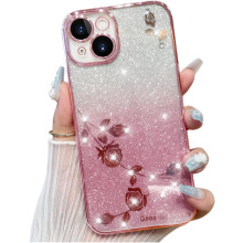 Gradient Glitter Rose Flower Phone Case compatible with Samsung Galaxy S23/S22/S21 Ultra/Plus/FE – Soft Silicone Shiny Shell, Precise Cutouts, Lens