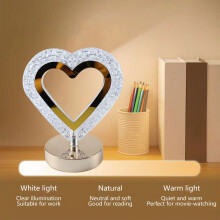 Crystal Heart Table Lamp - 5.7"x5.11"x2.83" Rechargeable LED Night Lights - 3 Color Dimmable Bedside Lamp for Nursery, Reading & Modern Desk Decor