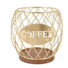 Porta-cápsulas de café em ferro fundido – Cesto dourado de grande capacidade com base de madeira, fácil acesso, design elegante para o seu bar